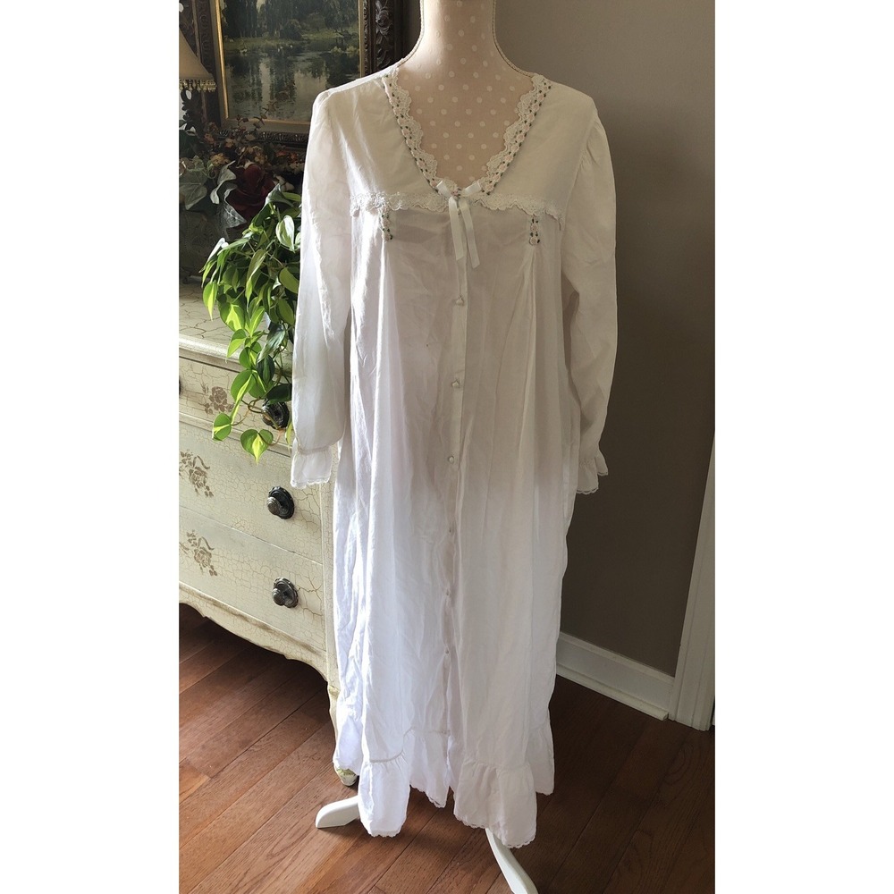 Vtg WILLOW CREEK Long Nightgown Prairie Romantic Cottagecore White Button Large